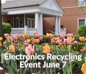 Photo of tulips blooming in front of Village Hall with the words "Electronics Recycling Event June 7"