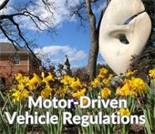 Daffodils at Village Hall with text over it reading Motor-Driven Vehicle Regulations 