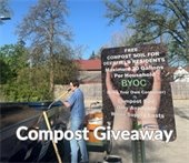 A photo of a woman shoveling compost with the words "Compost Giveaway"