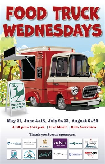 Poster of an old-timey red food truck in a park with trees