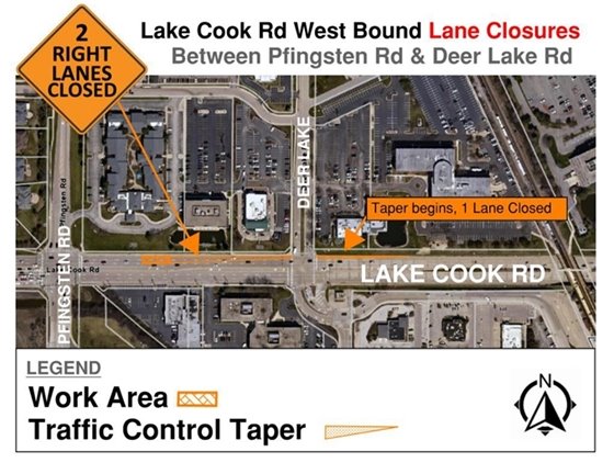 Map showing lane closures on Lake Cook Road