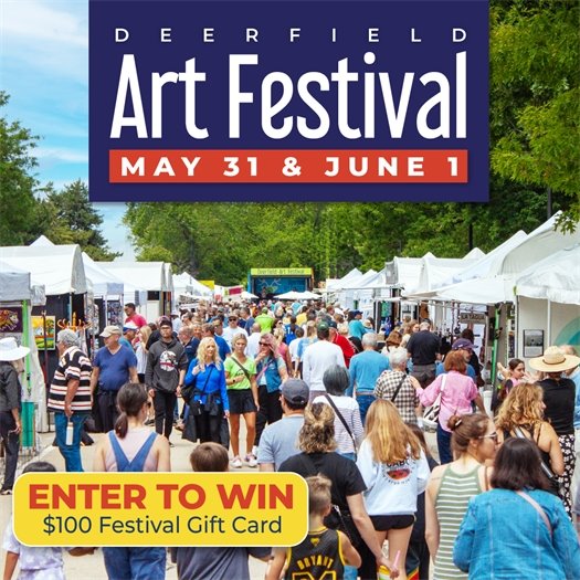 Deerfield Art Festival May 31-June 1 over a photo of a crowd of shoppers at last year's festival