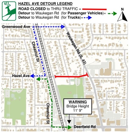traffic rerouted via Deerfield Road and Greenwood Avenue for over-height vehicles
