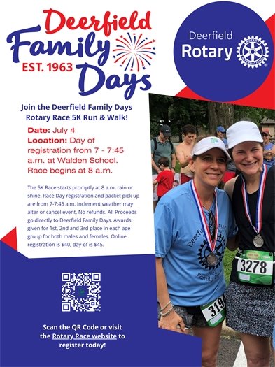 Poster for Rotary Race in red, white and blue with a photo or runners wearing the medals they won