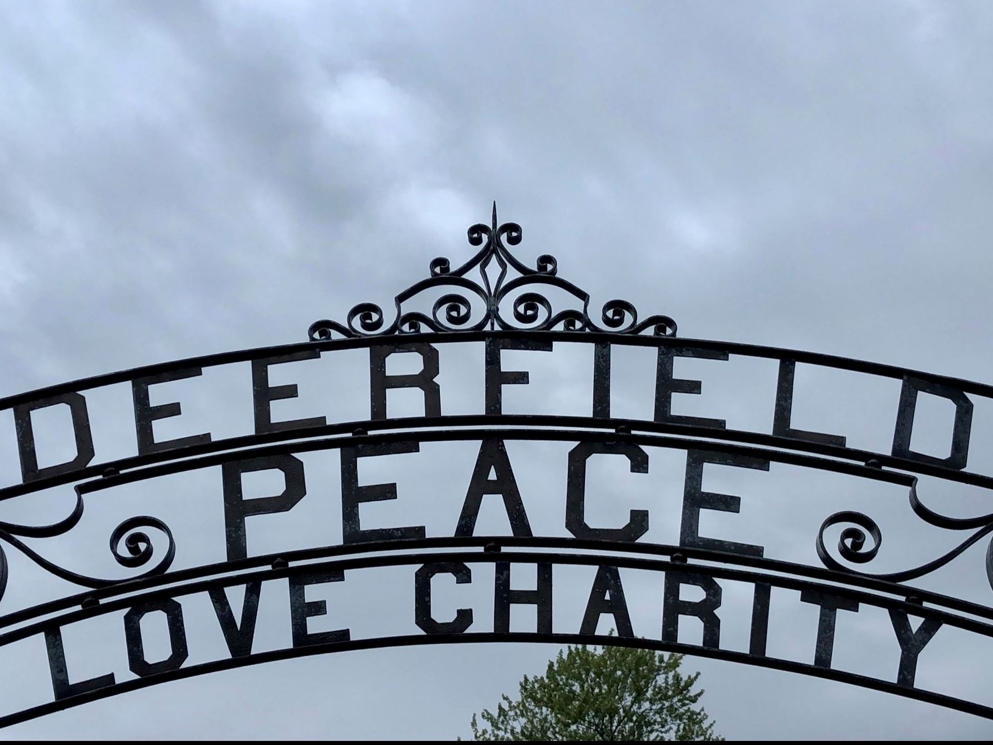 Iron Fence Arch Present Day, Deerfield - Peace, Love, Charity 