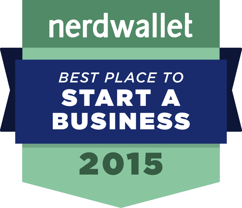 Nerdwallet Business logo shaped like an award ribbon, says "best place to start a business 2015&#