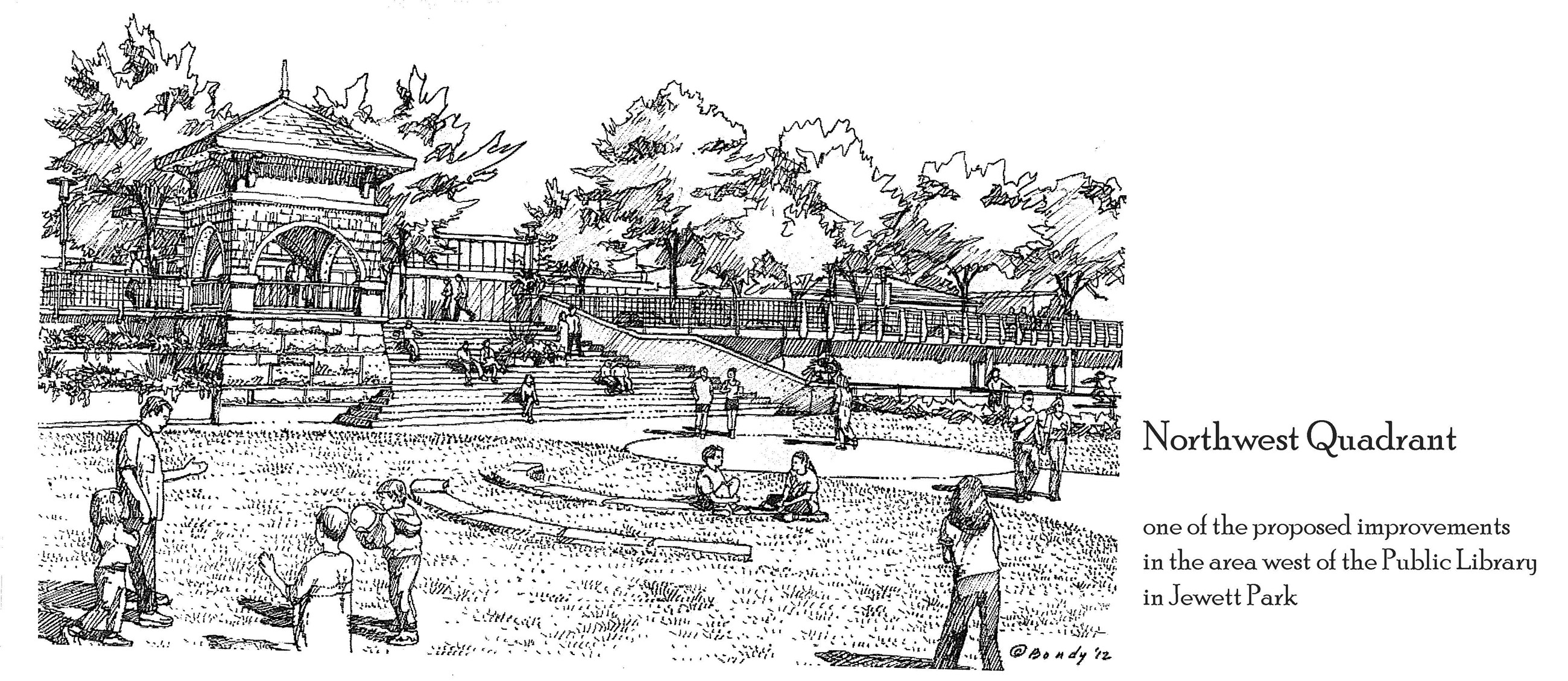 Northwest Quadrant drawing with buildings and people in a park setting