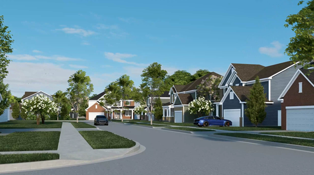 Rendering of Leclaire Estates by Pulte featuring various home designs on a quiet street