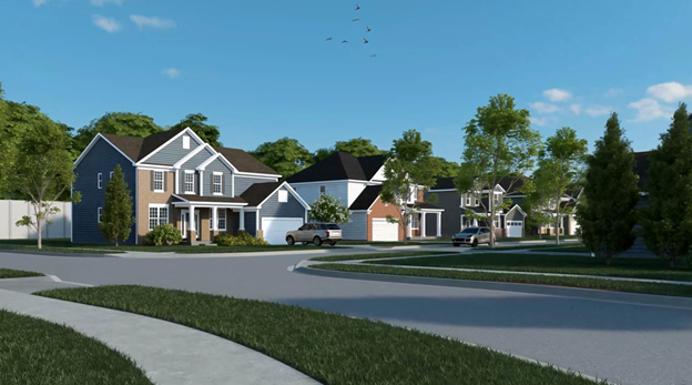 A rendering of a large home on a corner lot with tree-lined streets