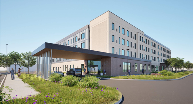 Rendering showing the outside of the 4-story Deerfield Supportive Living