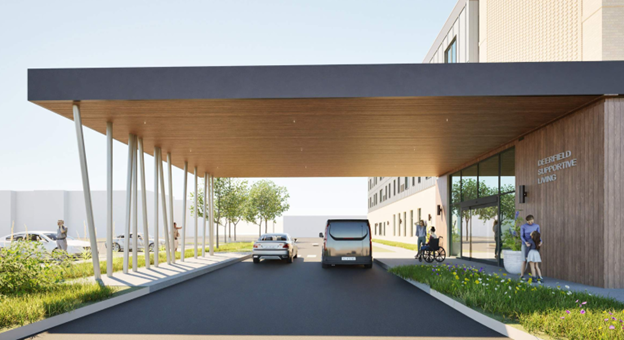 Rendering showing the entrance and carport at Deerfield Supportive Living