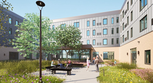 Rendering showing the outside courtyard of the 4-story Deerfield Supportive Living