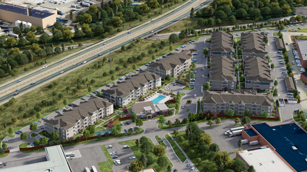 Aerial rendering of the Springs at Lake Cook Crossing showing buildings, amenities and parking