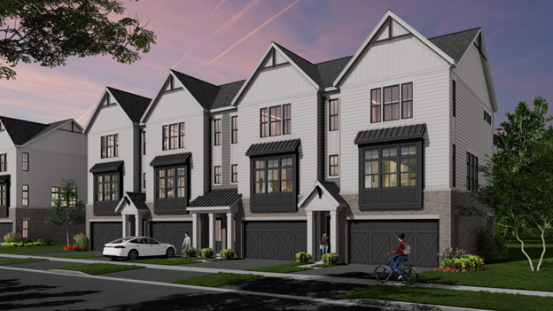 Rendering of a three-unit townhome on a tree-lined street